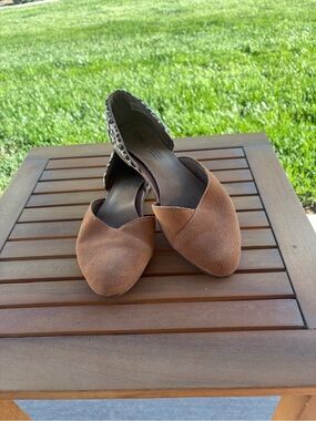 Women's Tan Suede Pointed D'Orsay Flats with Leopard Accent